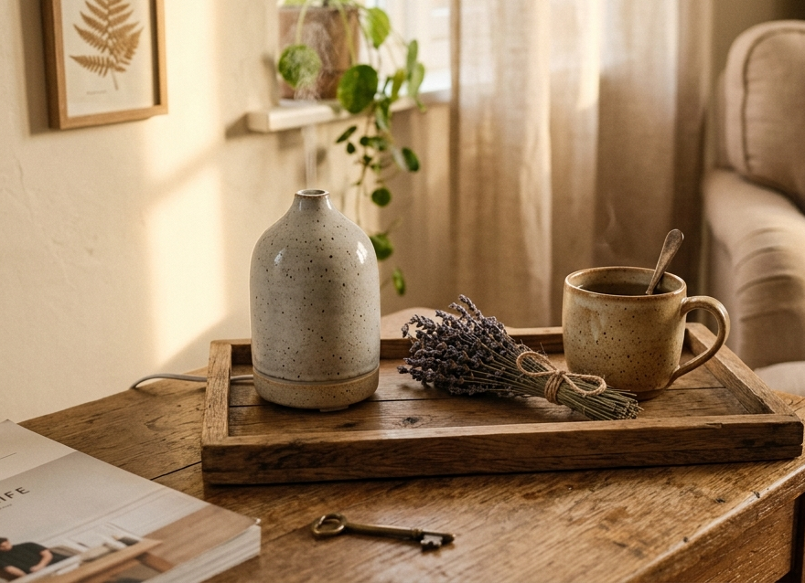 A quiet living room with a wooden tray, dried lavender bundle and a small ceramic diffuser by a window