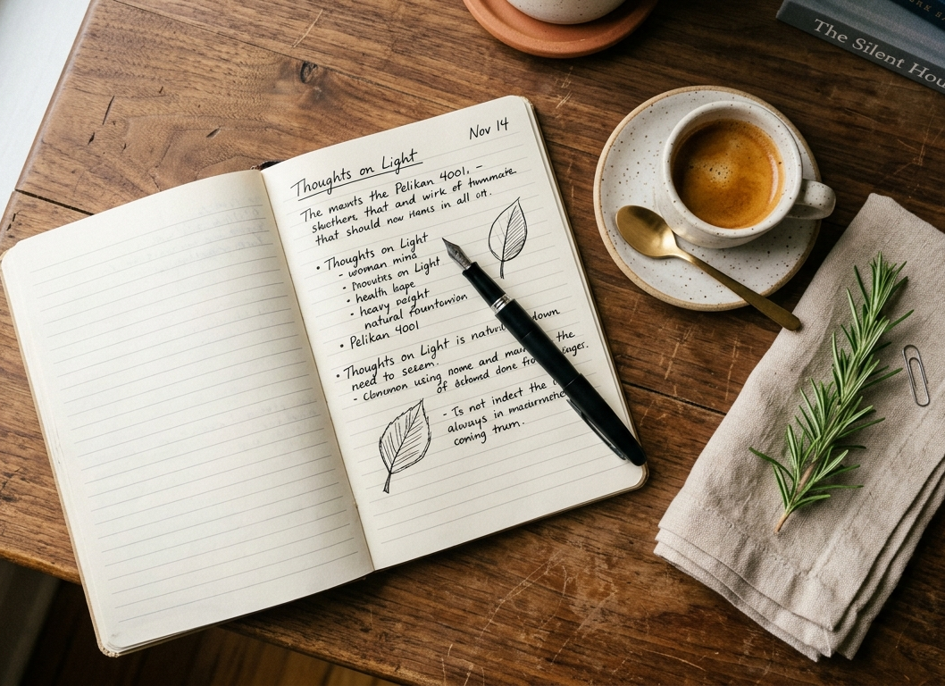 An open notebook with a pen and a small espresso cup on a wooden coffee table by a bright window