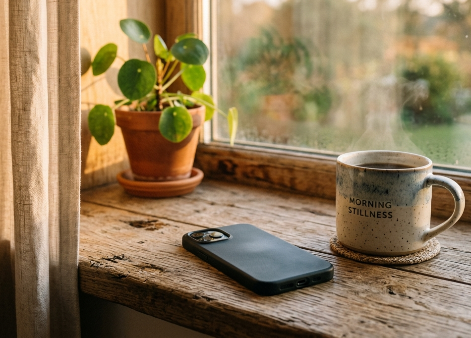 A phone face-down on a wooden windowsill next to a steaming mug at morning light